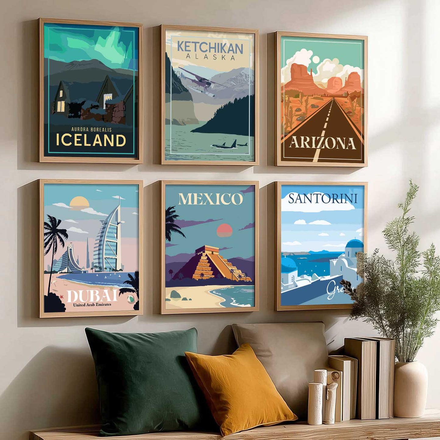 Travel Theme Iconic City View Retro Framed Posters for Wall Decor Set of 6