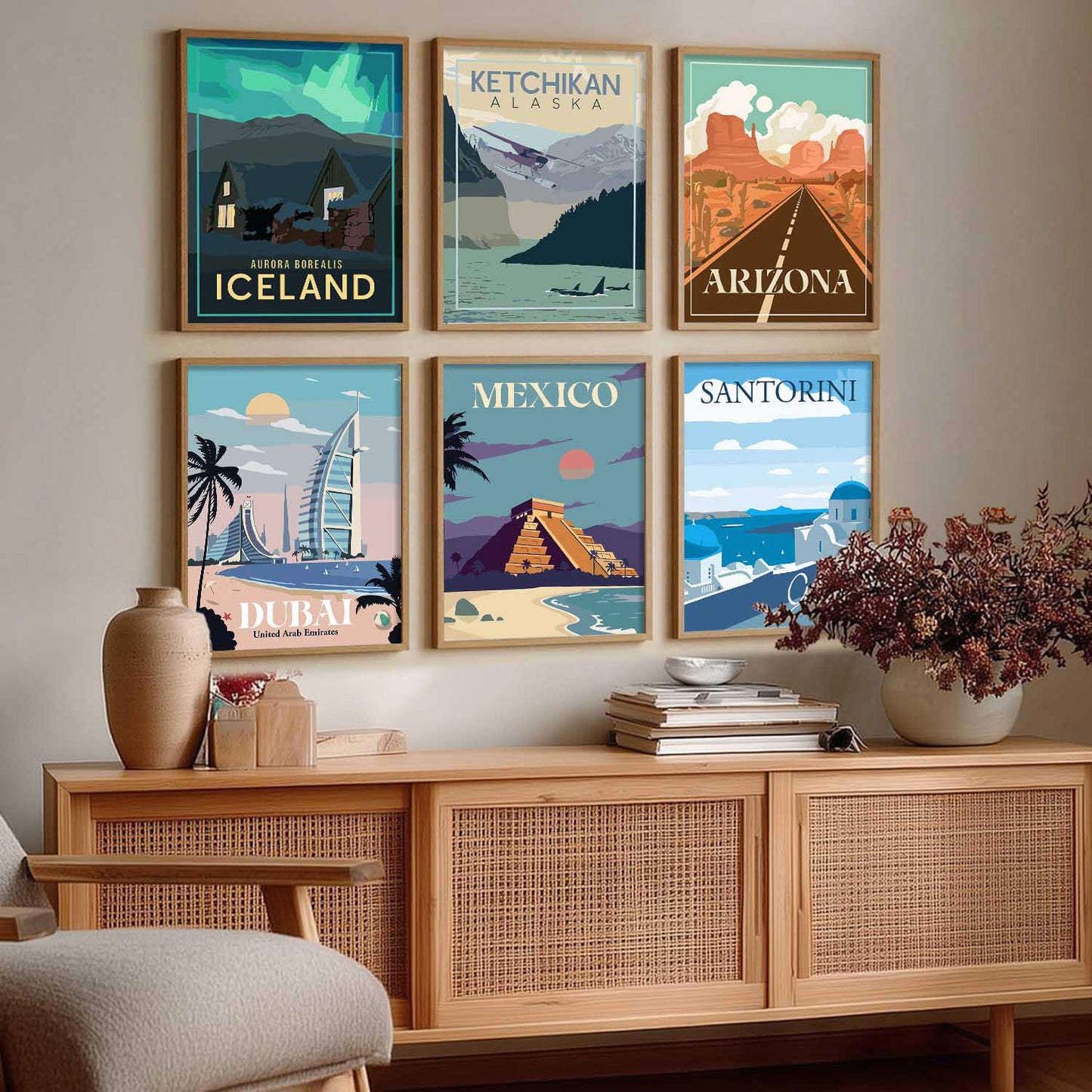Travel Theme Iconic City View Retro Framed Posters for Wall Decor Set of 6