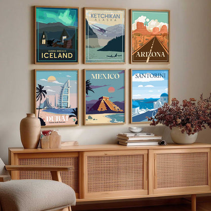 Travel Theme Iconic City View Retro Framed Posters for Wall Decor Set of 6