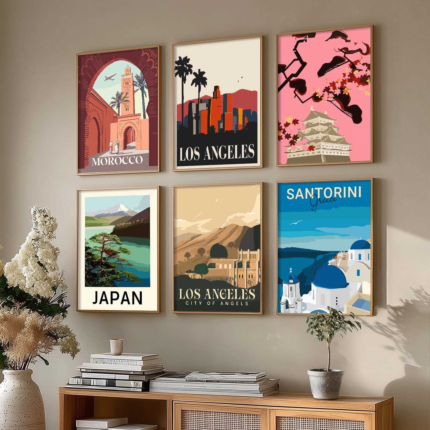 Travel Theme Iconic City View Retro Framed Posters for Wall Decor Set of 6