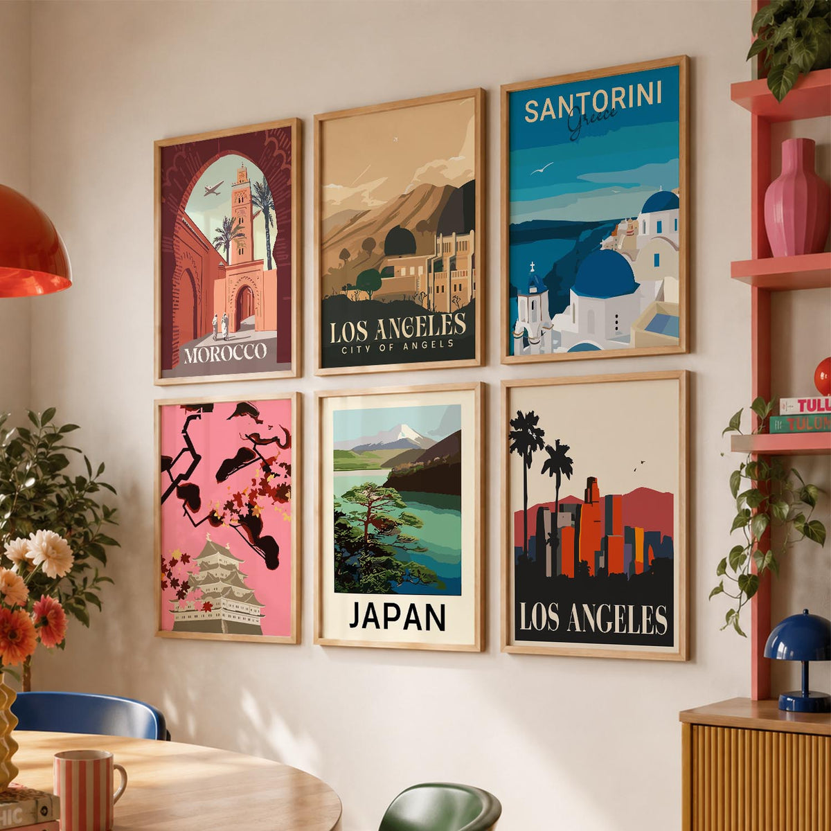 Travel Theme Iconic City View Retro Framed Posters for Wall Decor Set of 6