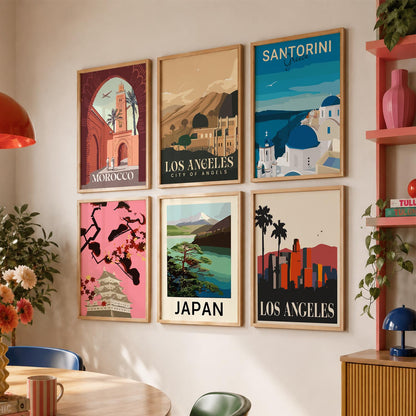 Travel Theme Iconic City View Retro Framed Posters for Wall Decor Set of 6