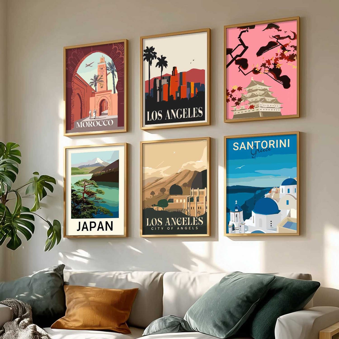 Travel Theme Iconic City View Retro Framed Posters for Wall Decor Set of 6