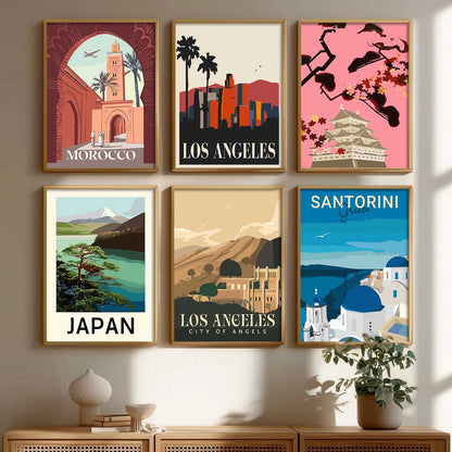 Travel Theme Iconic City View Retro Framed Posters for Wall Decor Set of 6