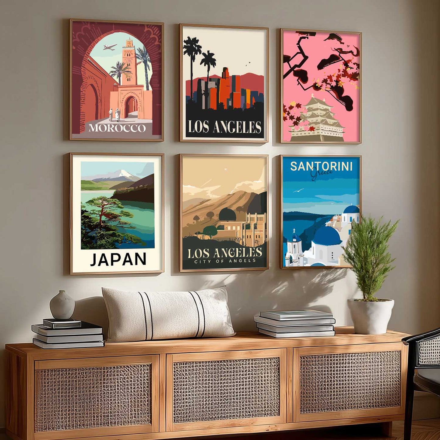 Travel Theme Iconic City View Retro Framed Posters for Wall Decor Set of 6
