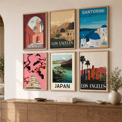 Travel Theme Iconic City View Retro Framed Posters for Wall Decor Set of 6