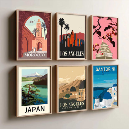 Travel Theme Iconic City View Retro Framed Posters for Wall Decor Set of 6