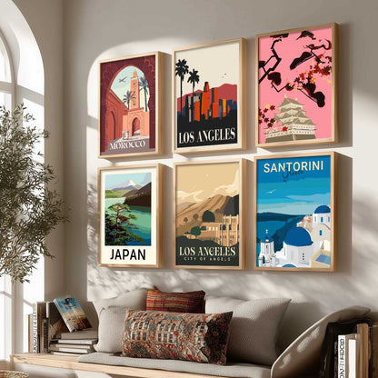 Travel Theme Iconic City View Retro Framed Posters for Wall Decor Set of 6