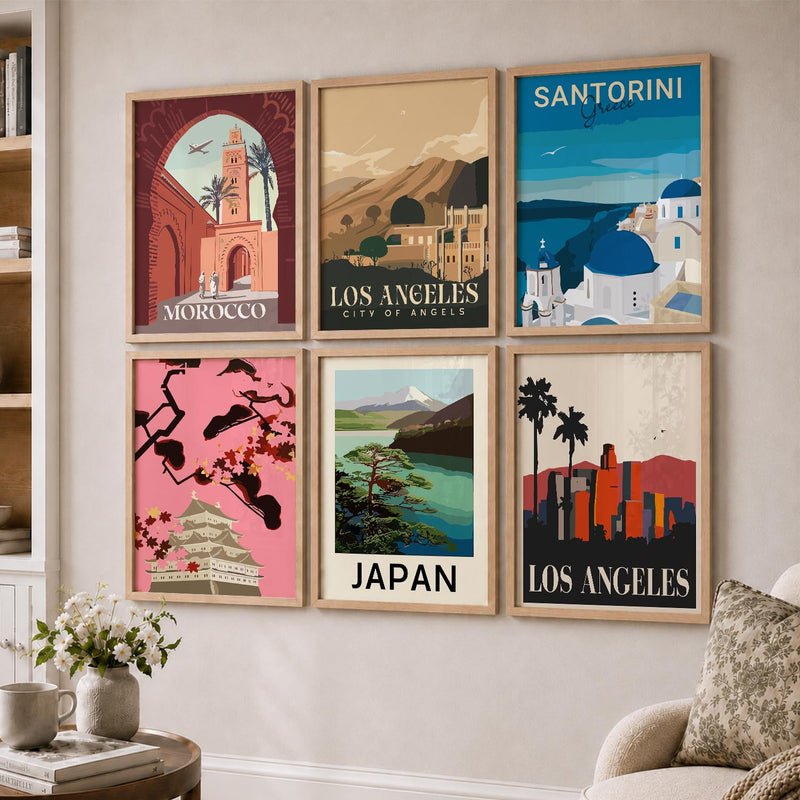 Travel Theme Iconic City View Retro Framed Posters for Wall Decor Set of 6