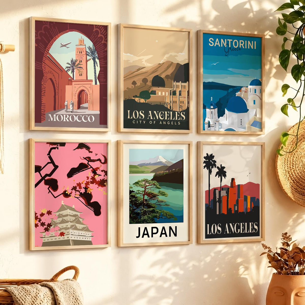 Travel Theme Iconic City View Retro Framed Posters for Wall Decor Set of 6