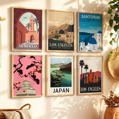 Travel Theme Iconic City View Retro Framed Posters for Wall Decor Set of 6