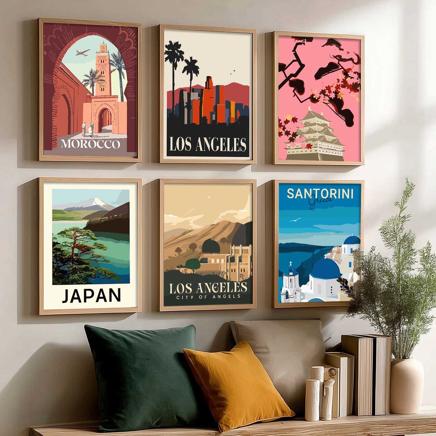 Travel Theme Iconic City View Retro Framed Posters for Wall Decor Set of 6