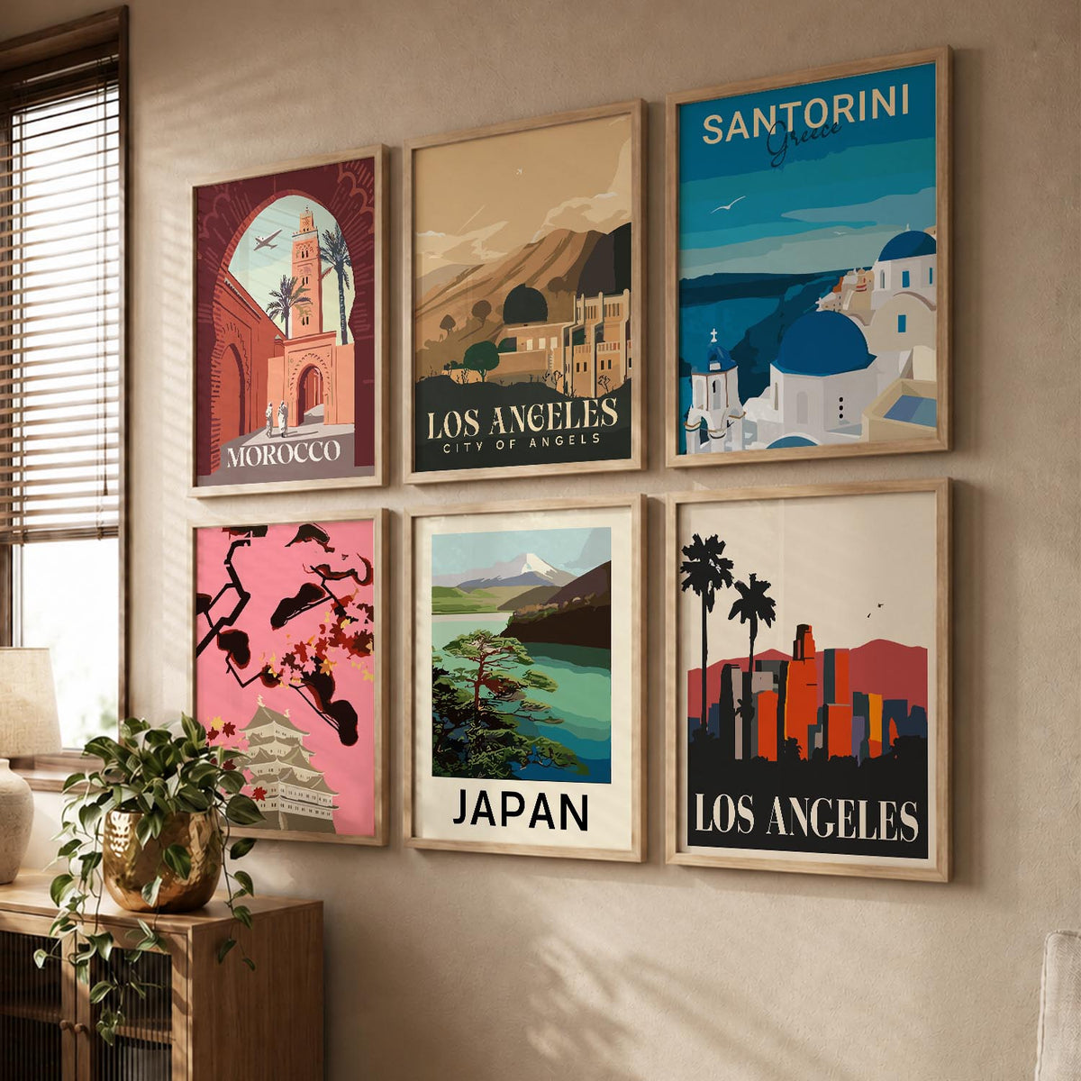 Travel Theme Iconic City View Retro Framed Posters for Wall Decor Set of 6