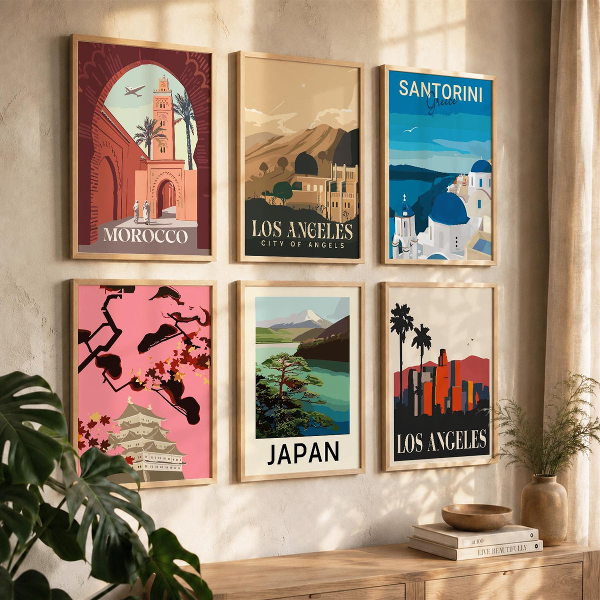 Travel Theme Iconic City View Retro Framed Posters for Wall Decor Set of 6