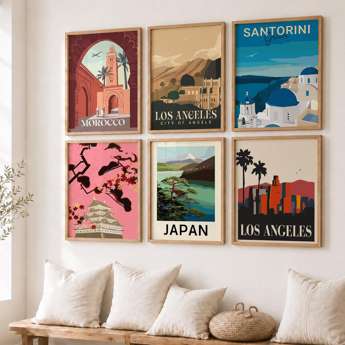 Travel Theme Iconic City View Retro Framed Posters for Wall Decor Set of 6