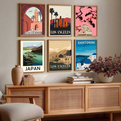 Travel Theme Iconic City View Retro Framed Posters for Wall Decor Set of 6