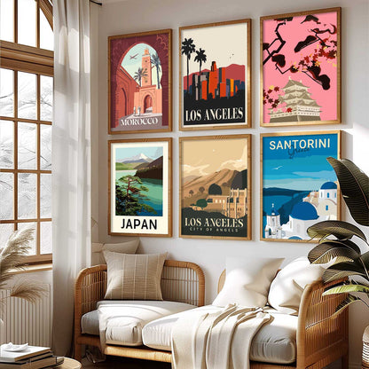 Travel Theme Iconic City View Retro Framed Posters for Wall Decor Set of 6