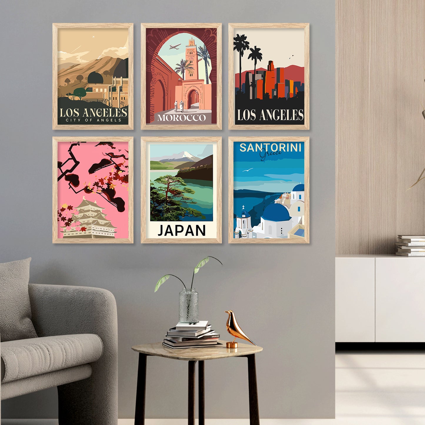 Travel Theme Iconic City View Retro Framed Posters for Wall Decor Set of 6