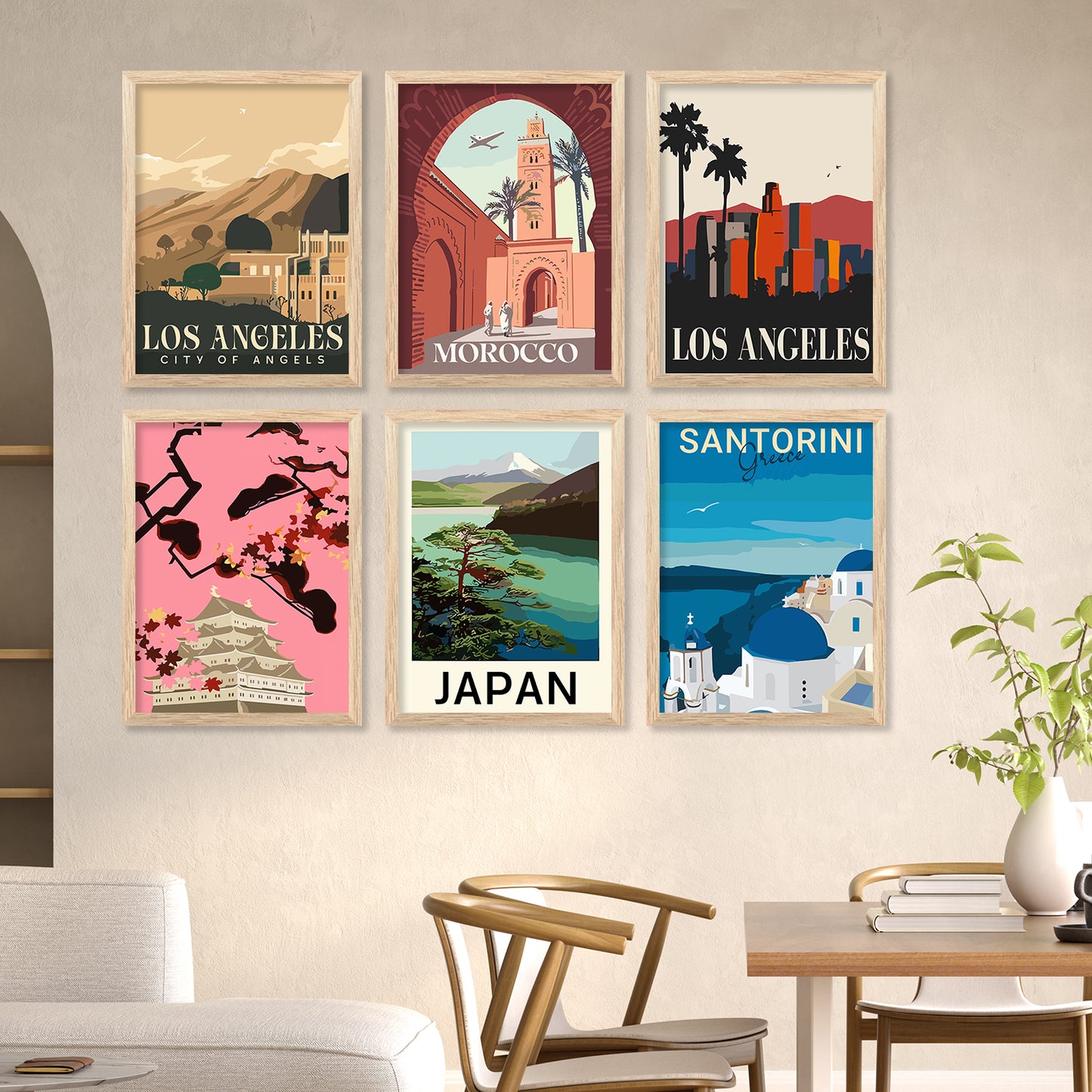 Travel Theme Iconic City View Retro Framed Posters for Wall Decor Set of 6