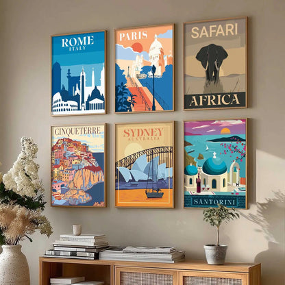 Travel Theme Iconic City View Retro Framed Posters for Wall Decor Set of 6