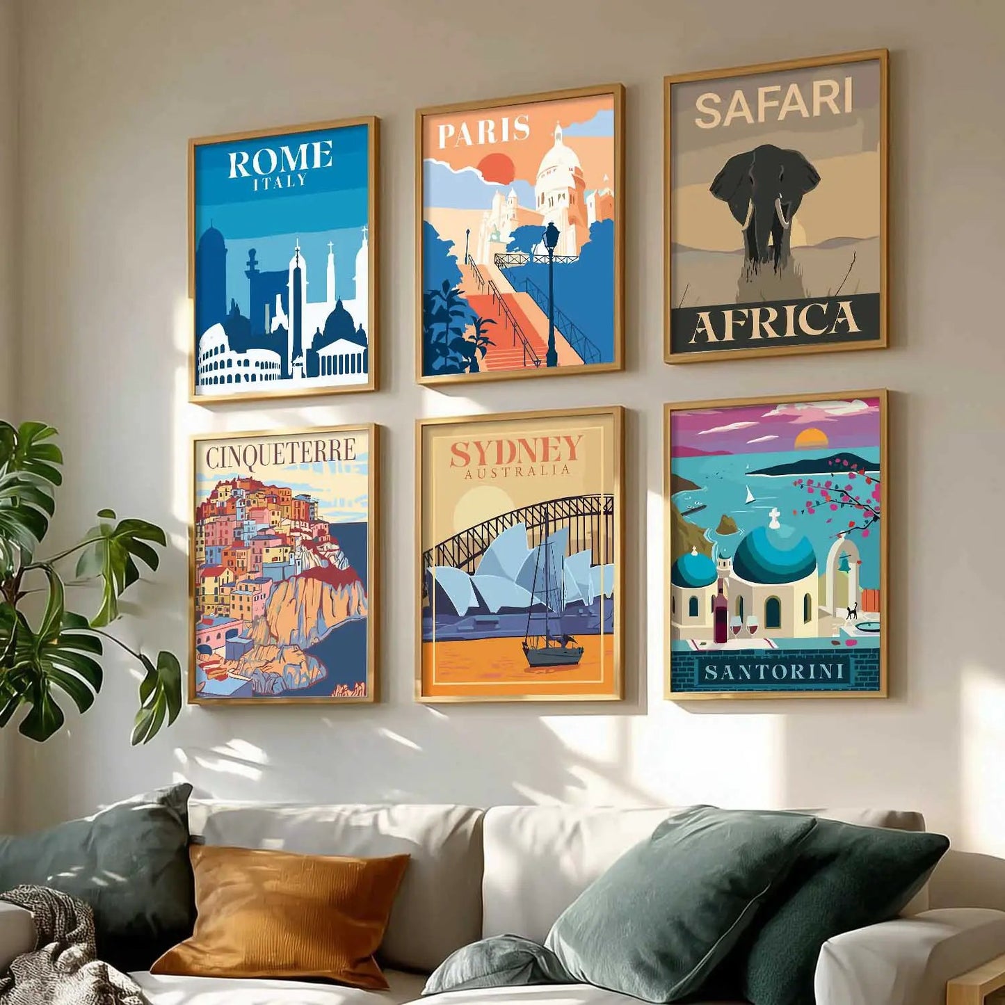 Travel Theme Iconic City View Retro Framed Posters for Wall Decor Set of 6