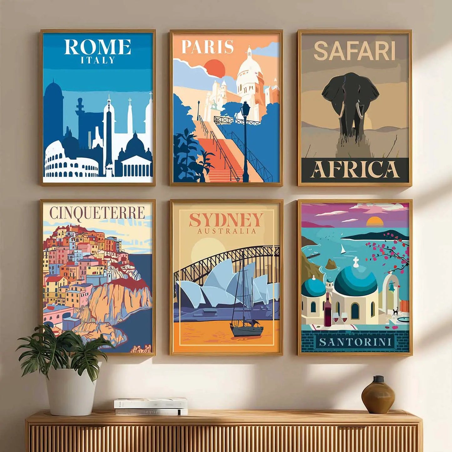 Travel Theme Iconic City View Retro Framed Posters for Wall Decor Set of 6