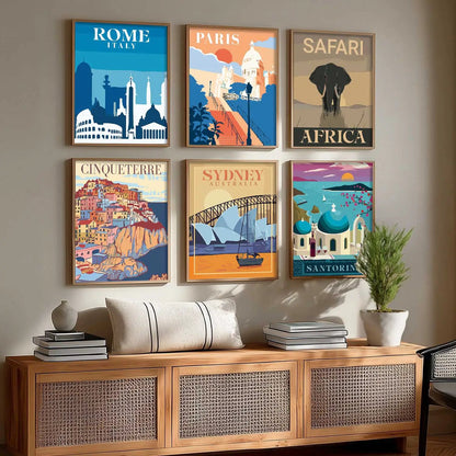 Travel Theme Iconic City View Retro Framed Posters for Wall Decor Set of 6