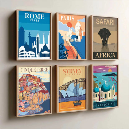 Travel Theme Iconic City View Retro Framed Posters for Wall Decor Set of 6