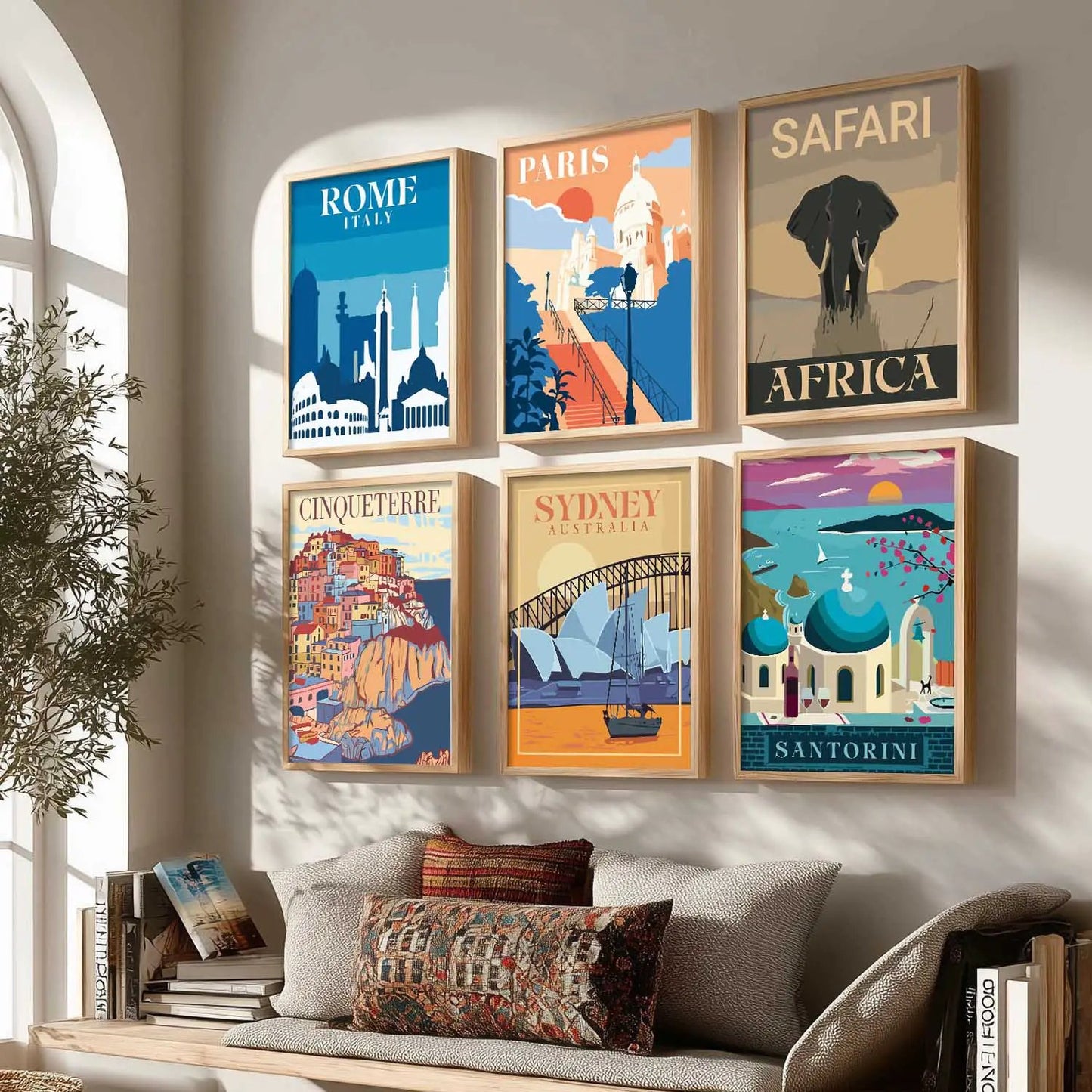 Travel Theme Iconic City View Retro Framed Posters for Wall Decor Set of 6