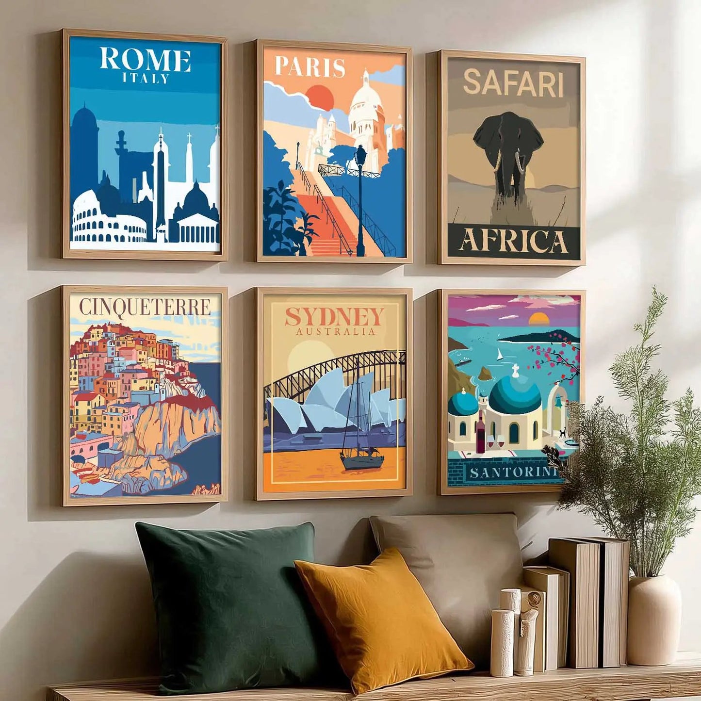 Travel Theme Iconic City View Retro Framed Posters for Wall Decor Set of 6
