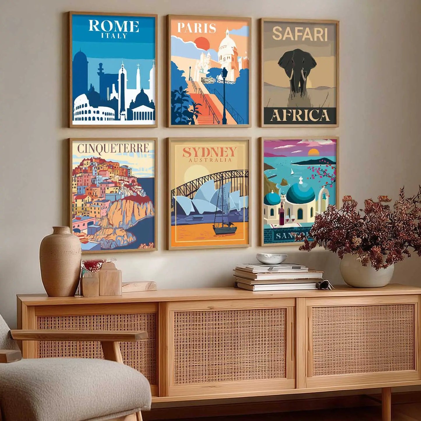 Travel Theme Iconic City View Retro Framed Posters for Wall Decor Set of 6