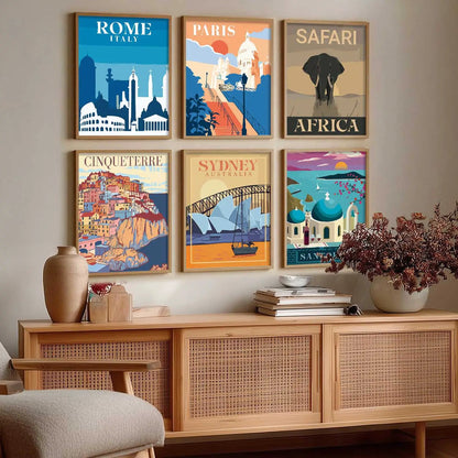 Travel Theme Iconic City View Retro Framed Posters for Wall Decor Set of 6