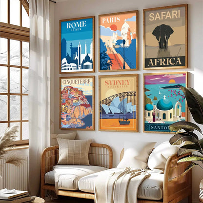 Travel Theme Iconic City View Retro Framed Posters for Wall Decor Set of 6