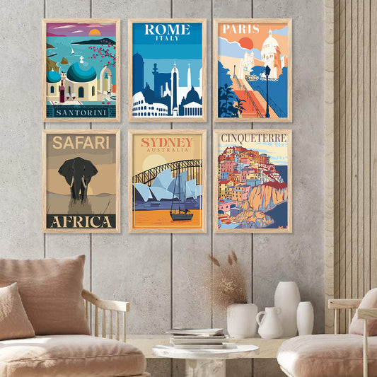 Travel Theme Iconic City View Retro Framed Posters for Wall Decor Set of 6