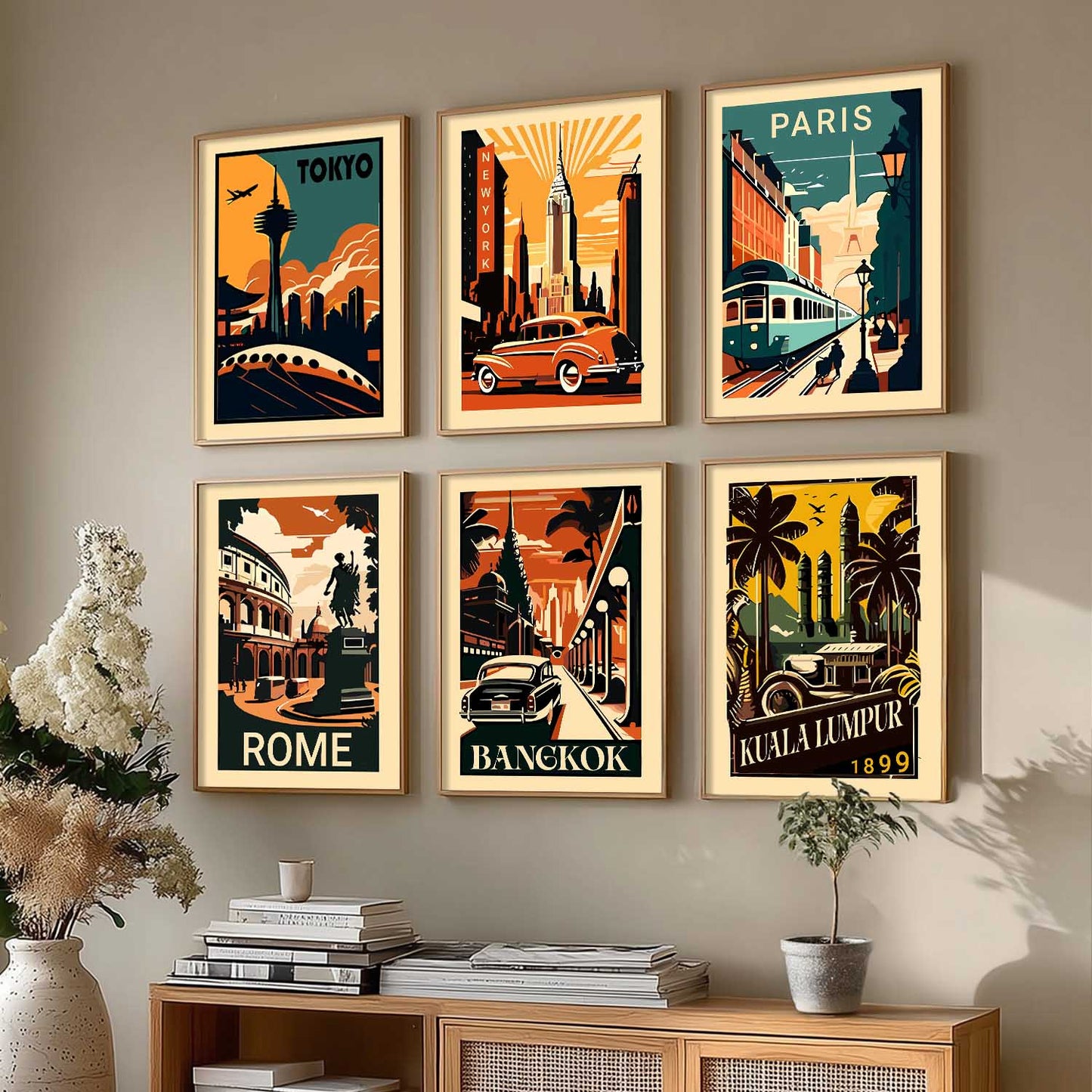 Travel Theme Iconic City View Retro Framed Posters for Wall Decor Set of 6