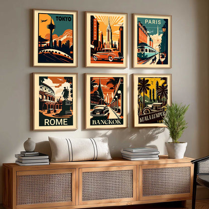 Travel Theme Iconic City View Retro Framed Posters for Wall Decor Set of 6