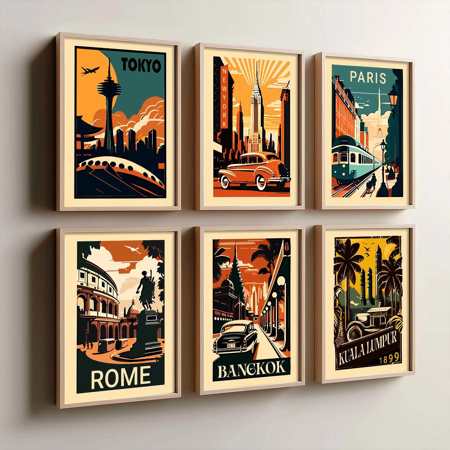 Travel Theme Iconic City View Retro Framed Posters for Wall Decor Set of 6