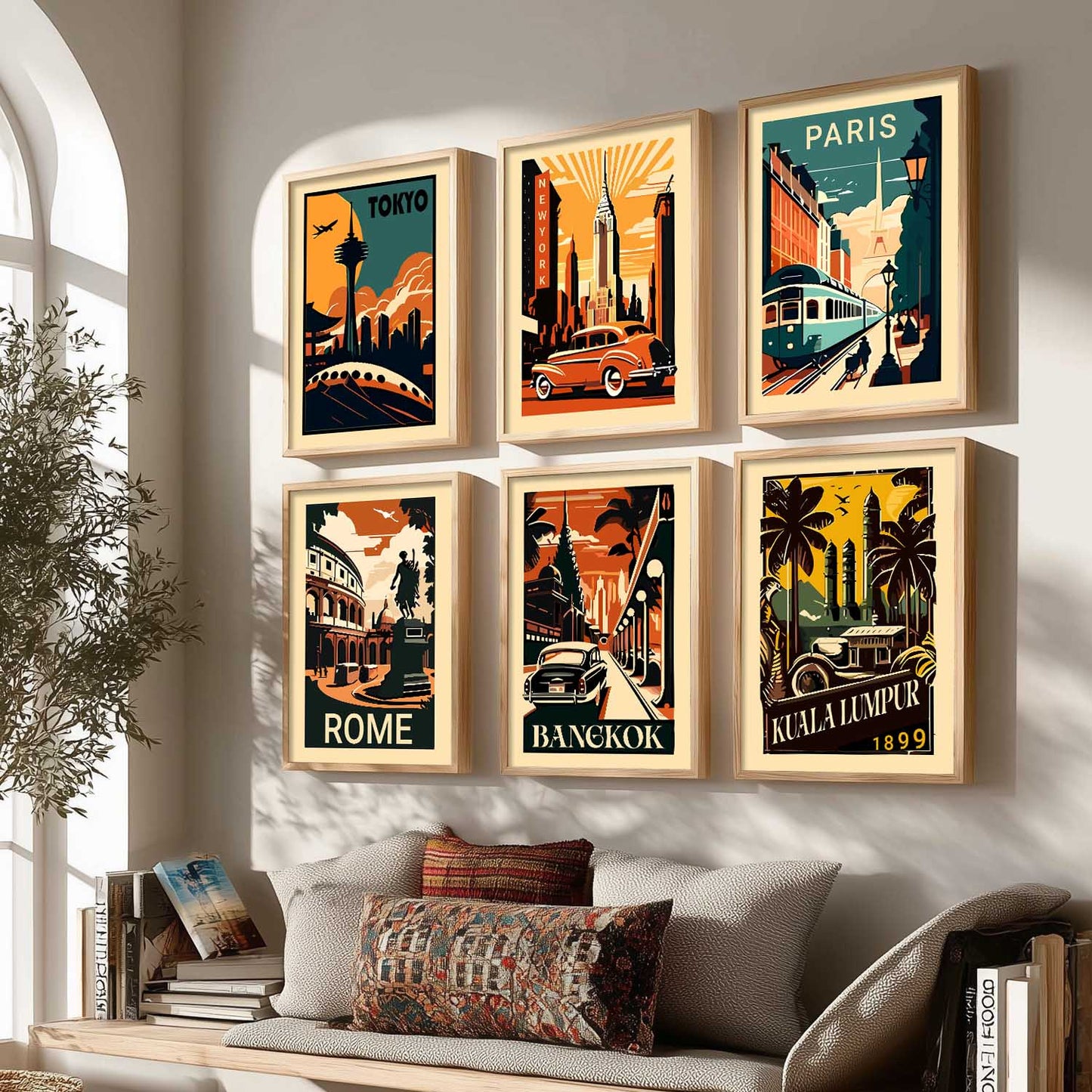 Travel Theme Iconic City View Retro Framed Posters for Wall Decor Set of 6