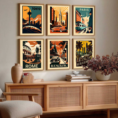 Travel Theme Iconic City View Retro Framed Posters for Wall Decor Set of 6