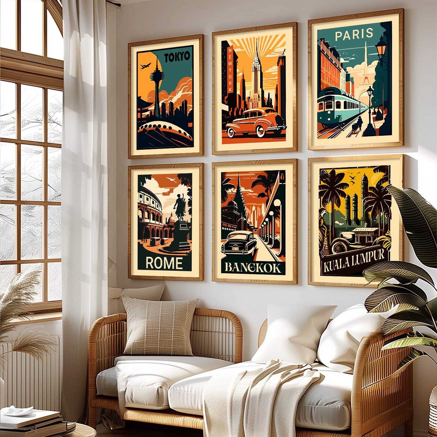 Travel Theme Iconic City View Retro Framed Posters for Wall Decor Set of 6