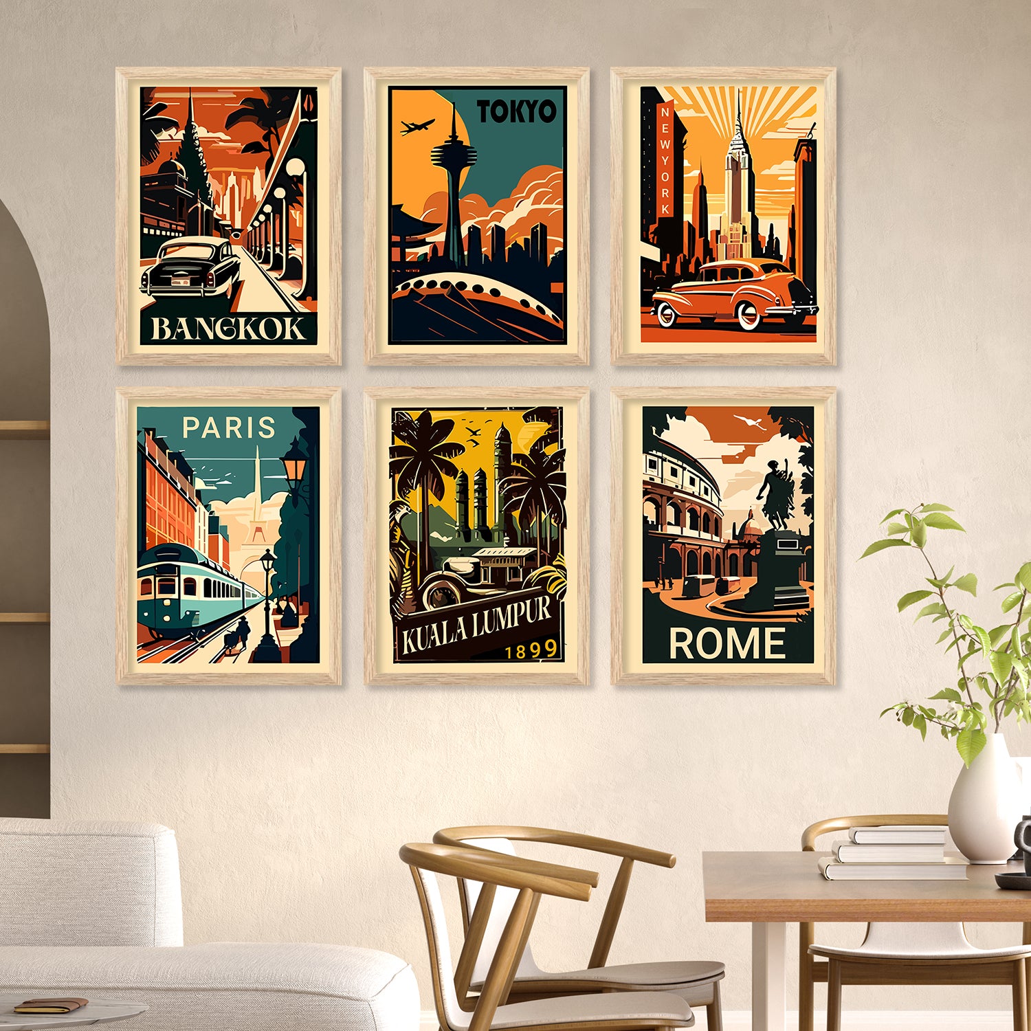 Travel Theme Iconic City View Retro Framed Posters for Wall Decor Set ...