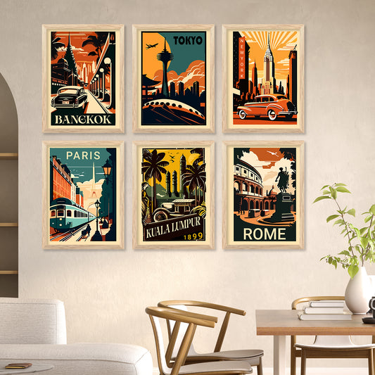Travel Theme Iconic City View Retro Framed Posters for Wall Decor Set of 6