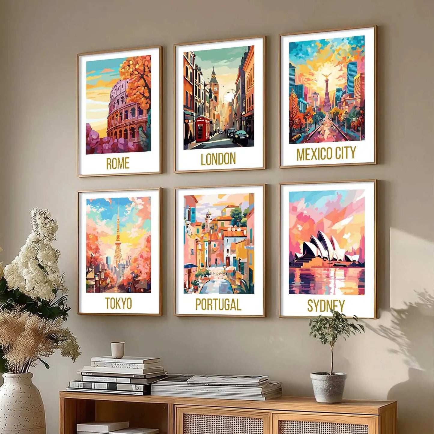Travel Theme Iconic City View Retro Framed Posters for Wall Decor Set of 6