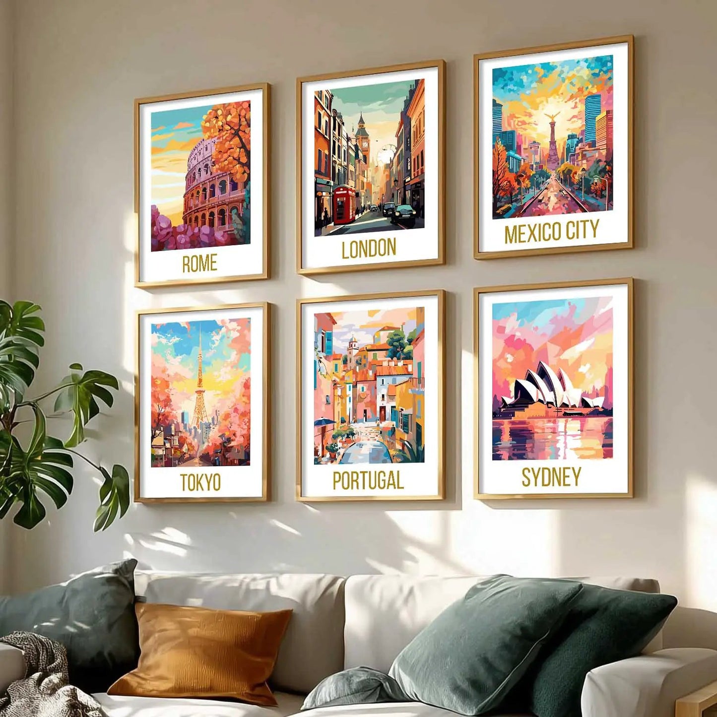 Travel Theme Iconic City View Retro Framed Posters for Wall Decor Set of 6
