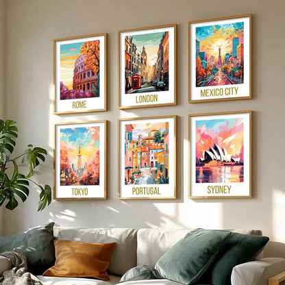 Travel Theme Iconic City View Retro Framed Posters for Wall Decor Set of 6