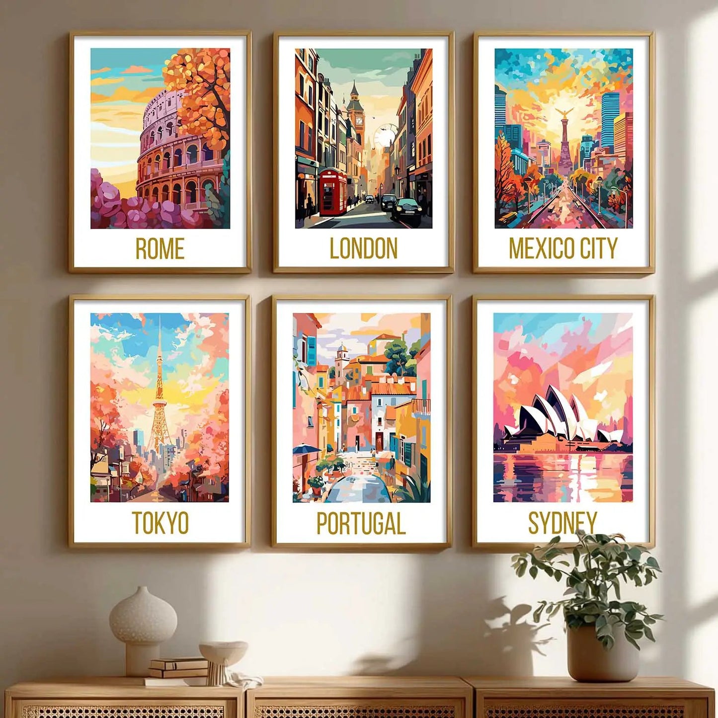 Travel Theme Iconic City View Retro Framed Posters for Wall Decor Set of 6