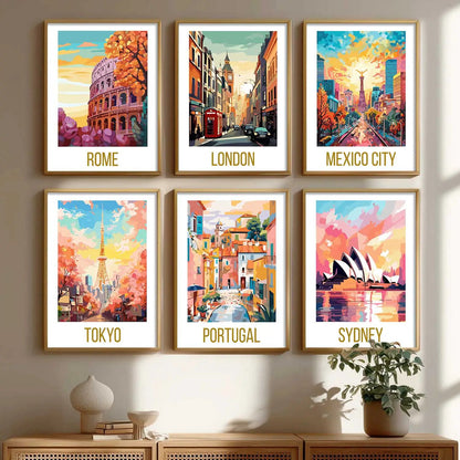 Travel Theme Iconic City View Retro Framed Posters for Wall Decor Set of 6