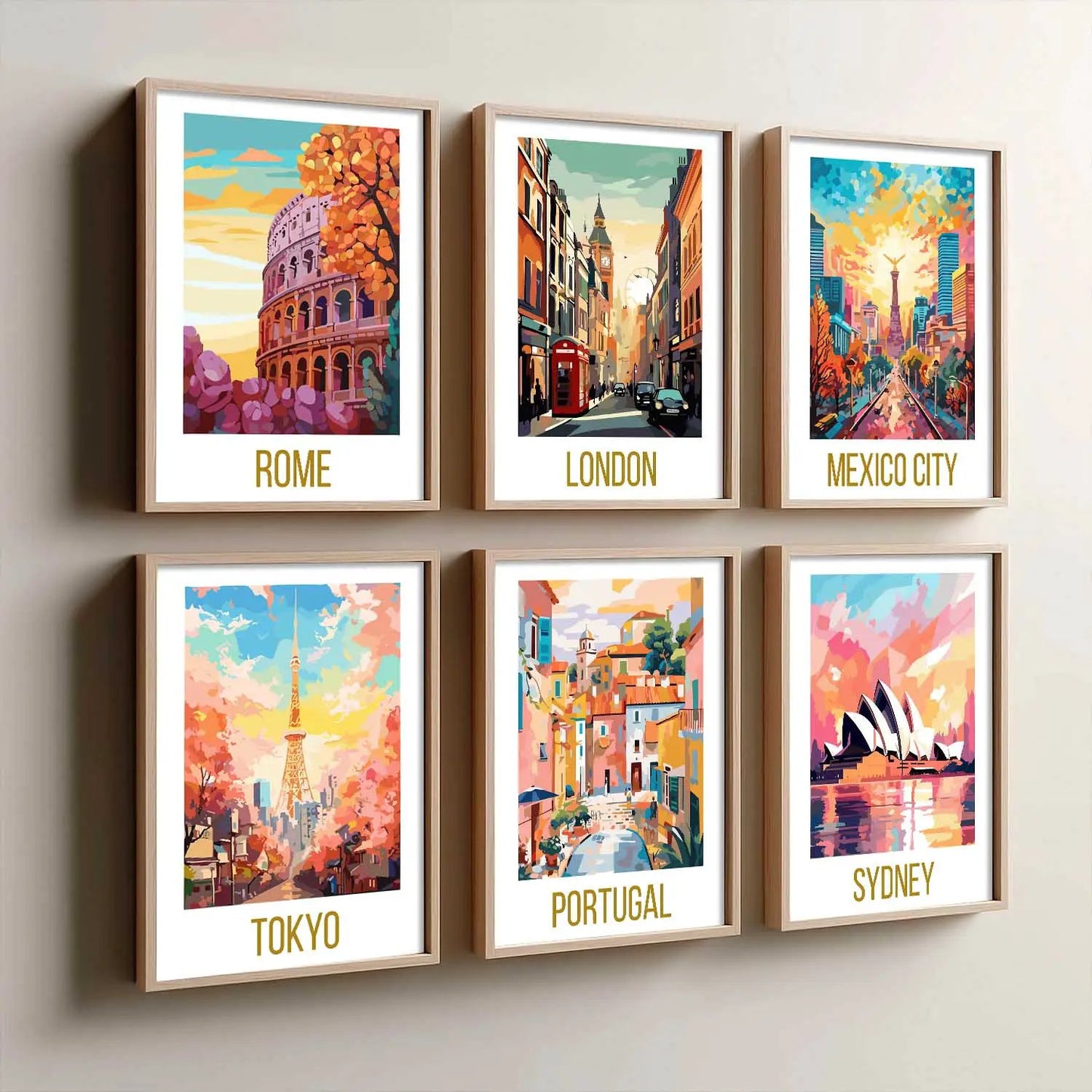 Travel Theme Iconic City View Retro Framed Posters for Wall Decor Set of 6