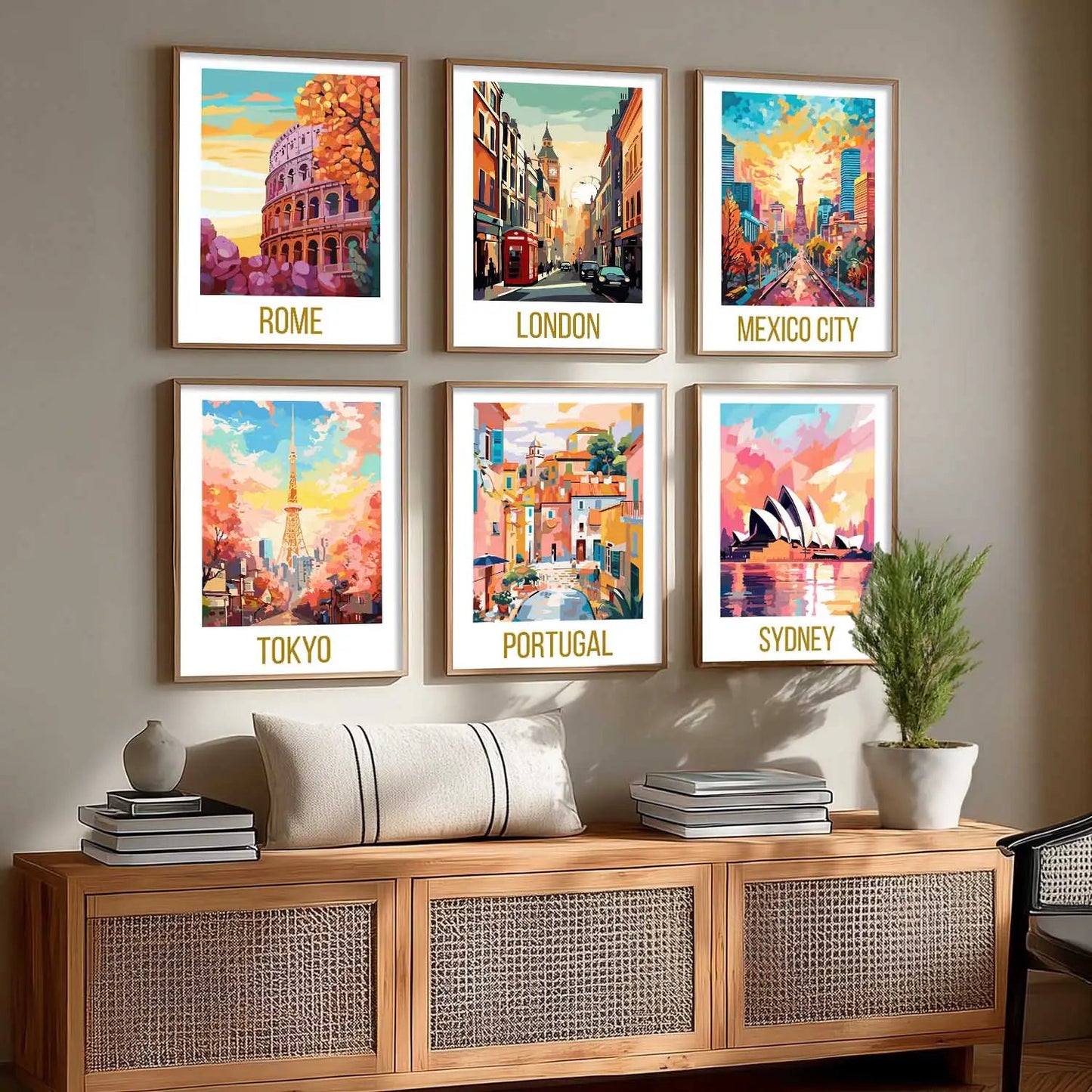 Travel Theme Iconic City View Retro Framed Posters for Wall Decor Set of 6