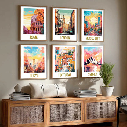 Travel Theme Iconic City View Retro Framed Posters for Wall Decor Set of 6